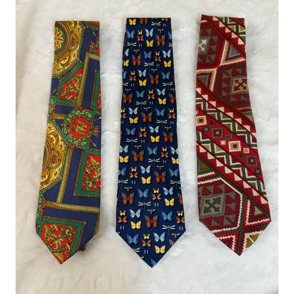 Lot of 3 Bullock & Jones 100% Silk Luxury Neckties Heraldic / Butterfly / Aztec - Picture 1 of 9